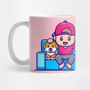 Cute Boy With Dog And Cat Cartoon Mug